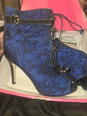 Lace-Overlay Blue Peep-Toe Ankle Booties